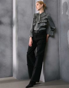 Shein Flounce Sleeve Textured Tailored Fit Layered