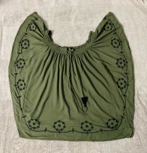 MAX - Olive Embroidered Peasant Top