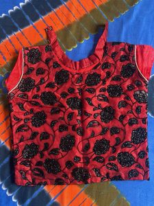 Red & Black Floral Embellished Top