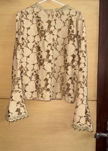 Beige Top With Pearl &amp; Lace Details Styled Sleeves