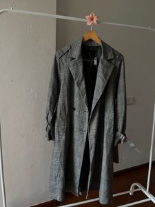 Plaid Grey Check Double Breasted Trench Coat
