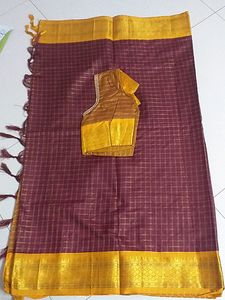 Meroon Checked Semi Soft silk Saree