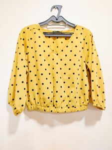 Mustard V-neck Polka Dot Blouse
