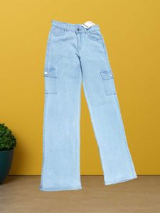 🤑L@85 Size-26 Light Wash Wide Leg Cargo Jeans