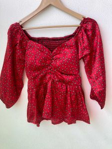 V Neck Red Floral Print Smoked Padded Top
