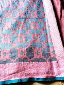 Pink Linen Saree with Blue Border