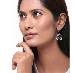 Silver Tone Black Stone Drop Earrings