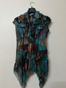 Abstract Sheer Ruffle Blouse