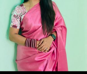 Pink Satin Saree with Floral Blouse