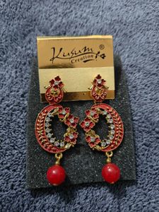 Red Floral Crescent Earrings with Bead Drop