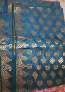 Teal Blue Brocade Banarasi Saree With Blouse
