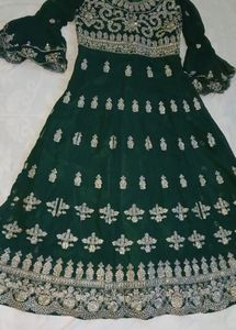 Green Long Frock Gown Type White Work