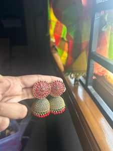 Red &amp; Gold Jhumka Earrings