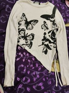 Butterfly Print Ribbed Top