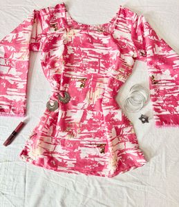 Pink Printed Bell Sleeve Short Kurti