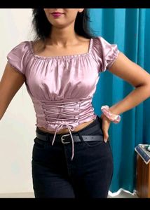 Pink Satin Corset Crop Top