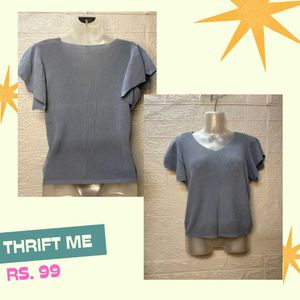 Blue V-Neck Flutter Sleeve Top