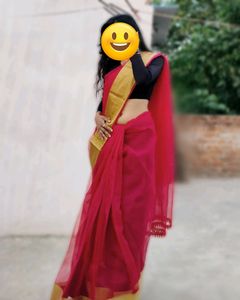 Red Organza Saree With Golden Border