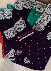Purple Velvet Embellished saree with blouse 😍