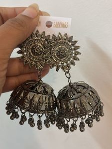 Oxidized Silver Jhumka Earrings