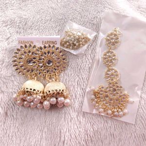 Gold Plated Earrings And Maang Tikka Set