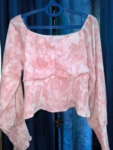 Chic-pink Tie Dye Crop Top With Puffy Sleeves
