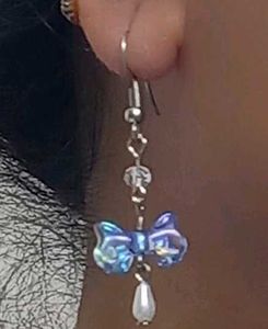 Handmade Blue Bow Earrings with Drop