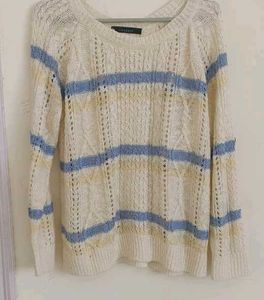 a blue white woolen sweatshirt