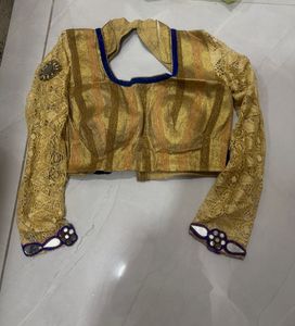 Vibrant Golden Blouse &amp; Green Orange Ethnic Set