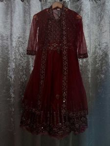 Red Embellished Girls' Dress With Jacket