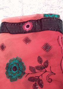 Red &amp; Beige Floral Embellished Saree