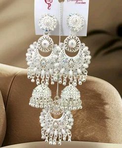 Silver Jhumka Earrings &amp; Maang Tikka Set