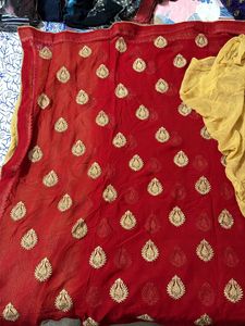 cream and red combination Festive Saree