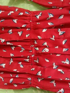 Red Bird Print Button-Down Dress