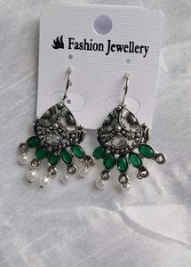 Green &amp; Silver Jhumka Earrings
