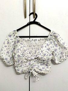 Purple Floral Crop Top With Bow Lace