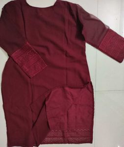 Maroon Chikankari Kurta With Net Sleeves