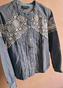Embroidered Yoke &amp; Sleeve Grey Shirt Top
