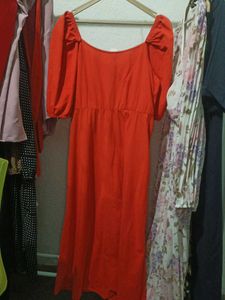 Orange Puff Sleeve Midi Dress