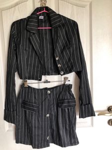 Grey Striped Jacket And Skirt