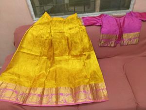 1-TimeUsedGirls Yellow&amp;Pink LehengaCholi-PattuPava