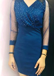 Elegant Navy Dress with Sheer Sleeves