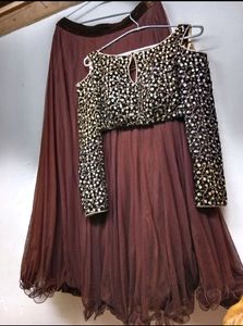 Maroon & Gold Embroidered Cold Shoulder Gown