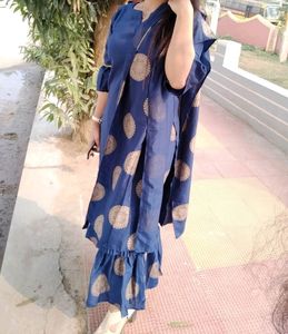 Cold Shoulder Navy Blue Kurta Sharara Set