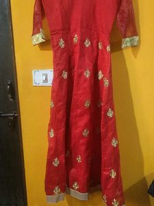 Red &amp; Gold Embroidered Anarkali Dress