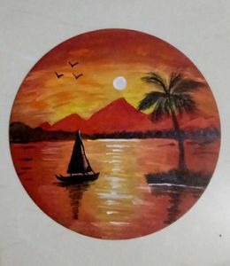 Handmade Sunset & Yacht Painting on MDF ( 8"x8")