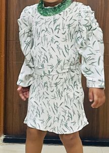 Girl's White & Green Print Dress