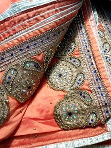 Peach Saree with Gold &amp; Blue Embroidery