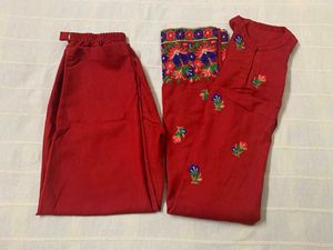 Kashmiri Red Embroidered Kurta Pant Set
