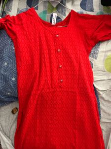 Bright Red Ethnic Kurti with Button Detail